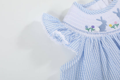 Light Blue Seersucker Bunny Smocked Bishop Dress