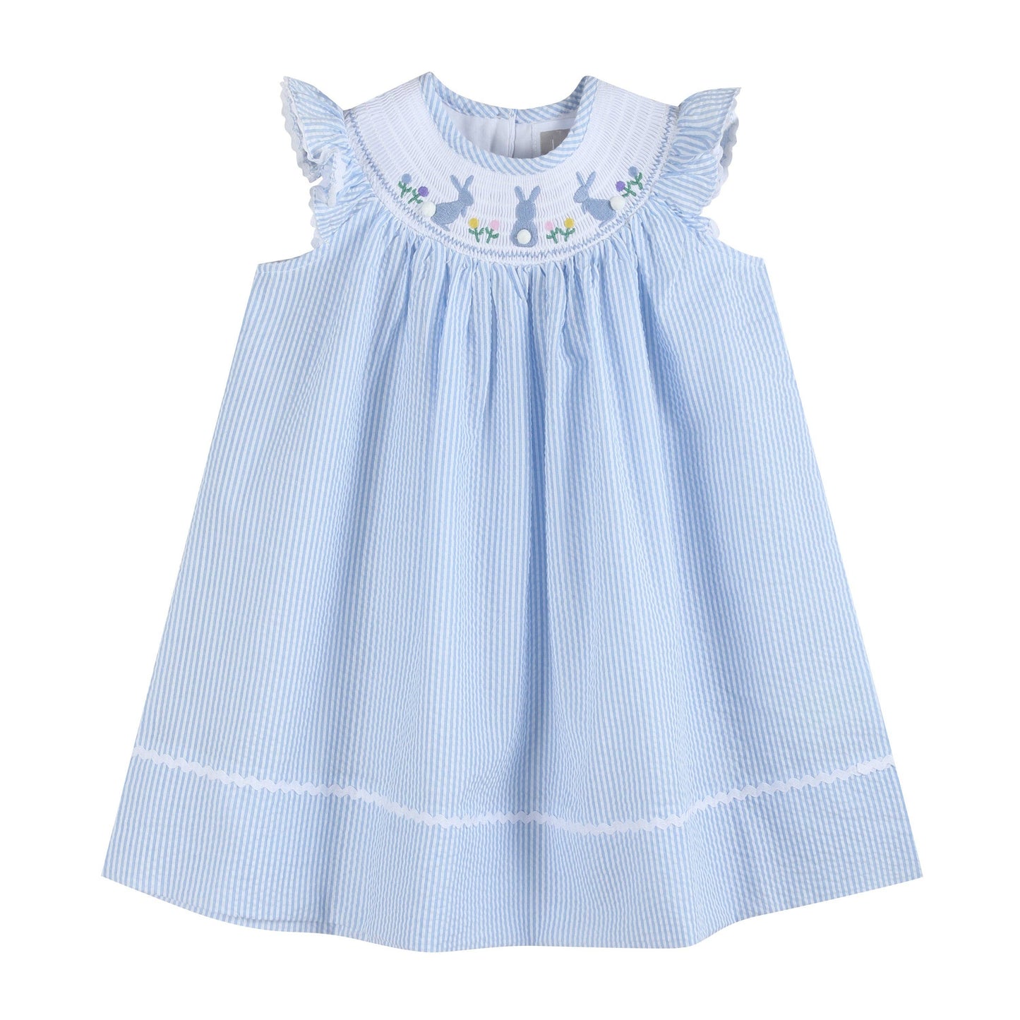 Light Blue Seersucker Bunny Smocked Bishop Dress