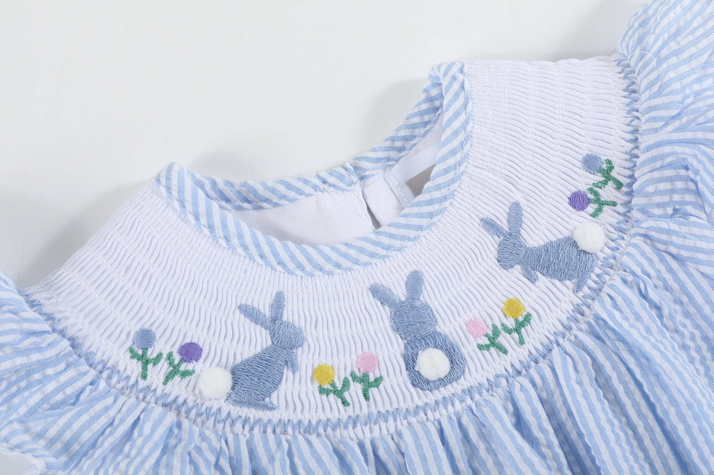 Light Blue Seersucker Bunny Smocked Flutter Romper