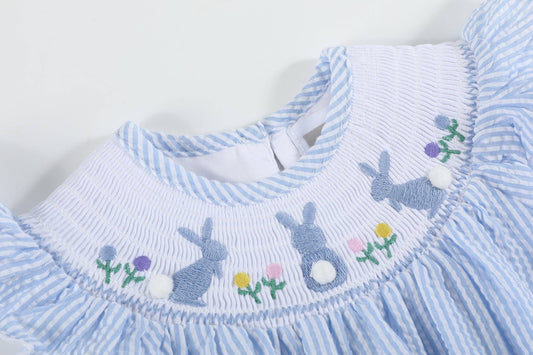 Light Blue Seersucker Bunny Smocked Flutter Romper