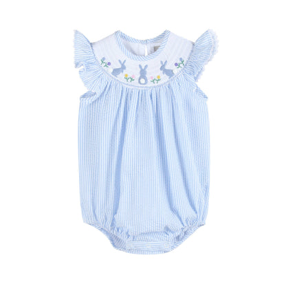 Light Blue Seersucker Bunny Smocked Flutter Romper