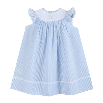 Light Blue Seersucker Bunny Smocked Bishop Dress