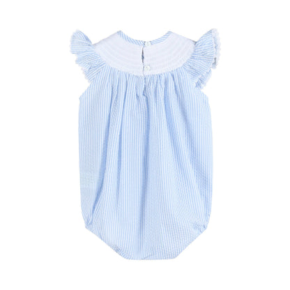 Light Blue Seersucker Bunny Smocked Flutter Romper