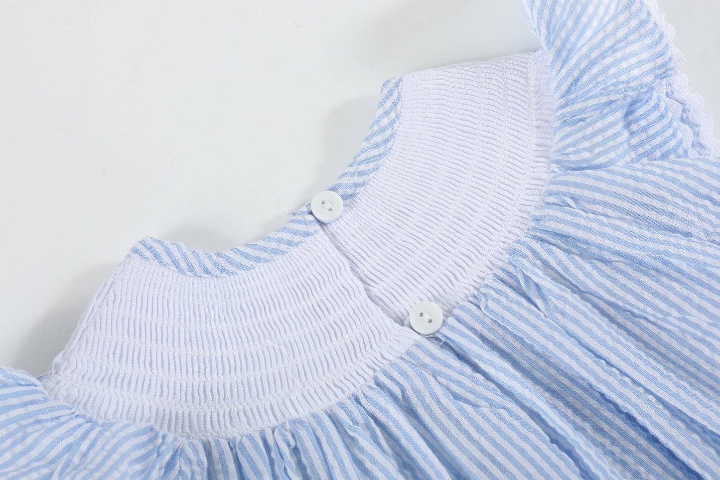 Light Blue Seersucker Bunny Smocked Bishop Dress