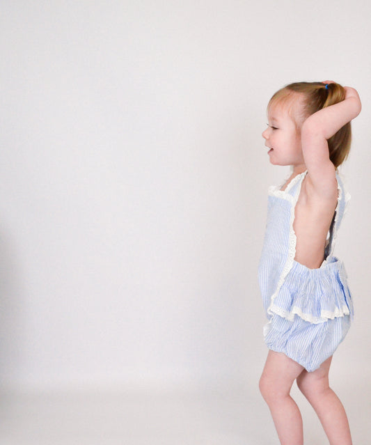 Light Blue Seersucker Bunny Ruffle Romper