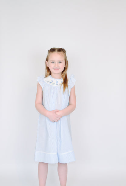 Light Blue Seersucker Bunny Smocked Bishop Dress