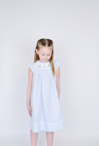 Light Blue Seersucker Bunny Smocked Bishop Dress