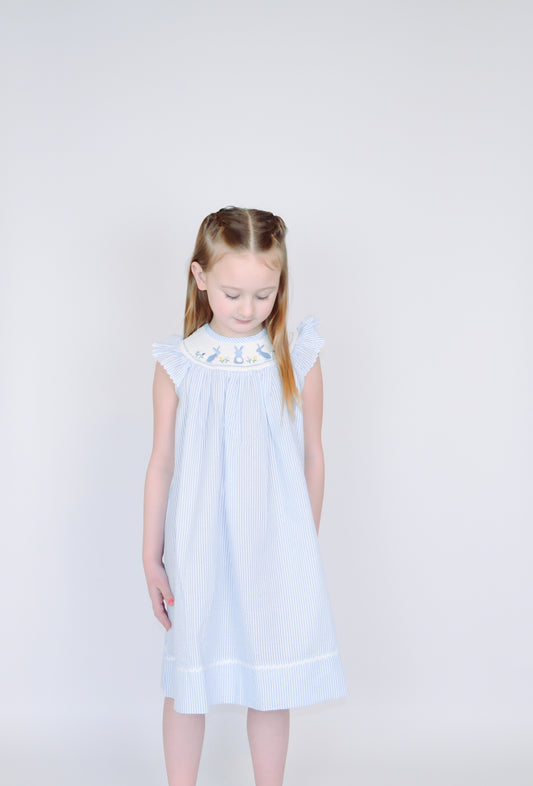 Light Blue Seersucker Bunny Smocked Bishop Dress
