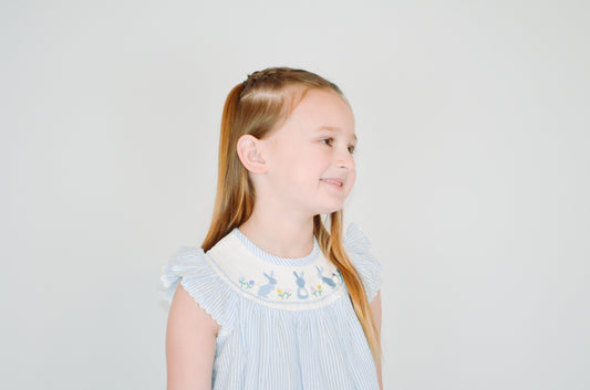 Light Blue Seersucker Bunny Smocked Bishop Dress
