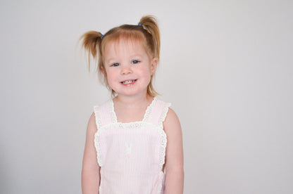 Pink Seersucker Bunny Ruffle Romper