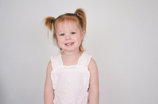 Pink Seersucker Bunny Ruffle Romper