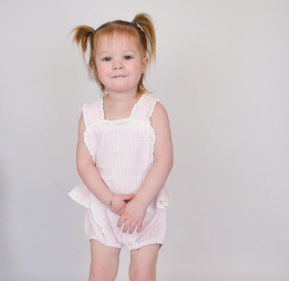 Pink Seersucker Bunny Ruffle Romper