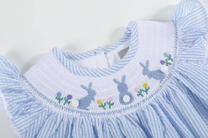 Light Blue Seersucker Bunny Smocked Bishop Dress