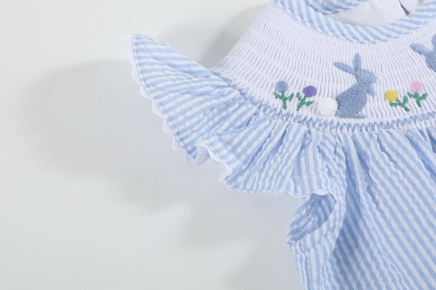 Light Blue Seersucker Bunny Smocked Flutter Romper