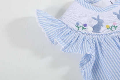 Light Blue Seersucker Bunny Smocked Flutter Romper