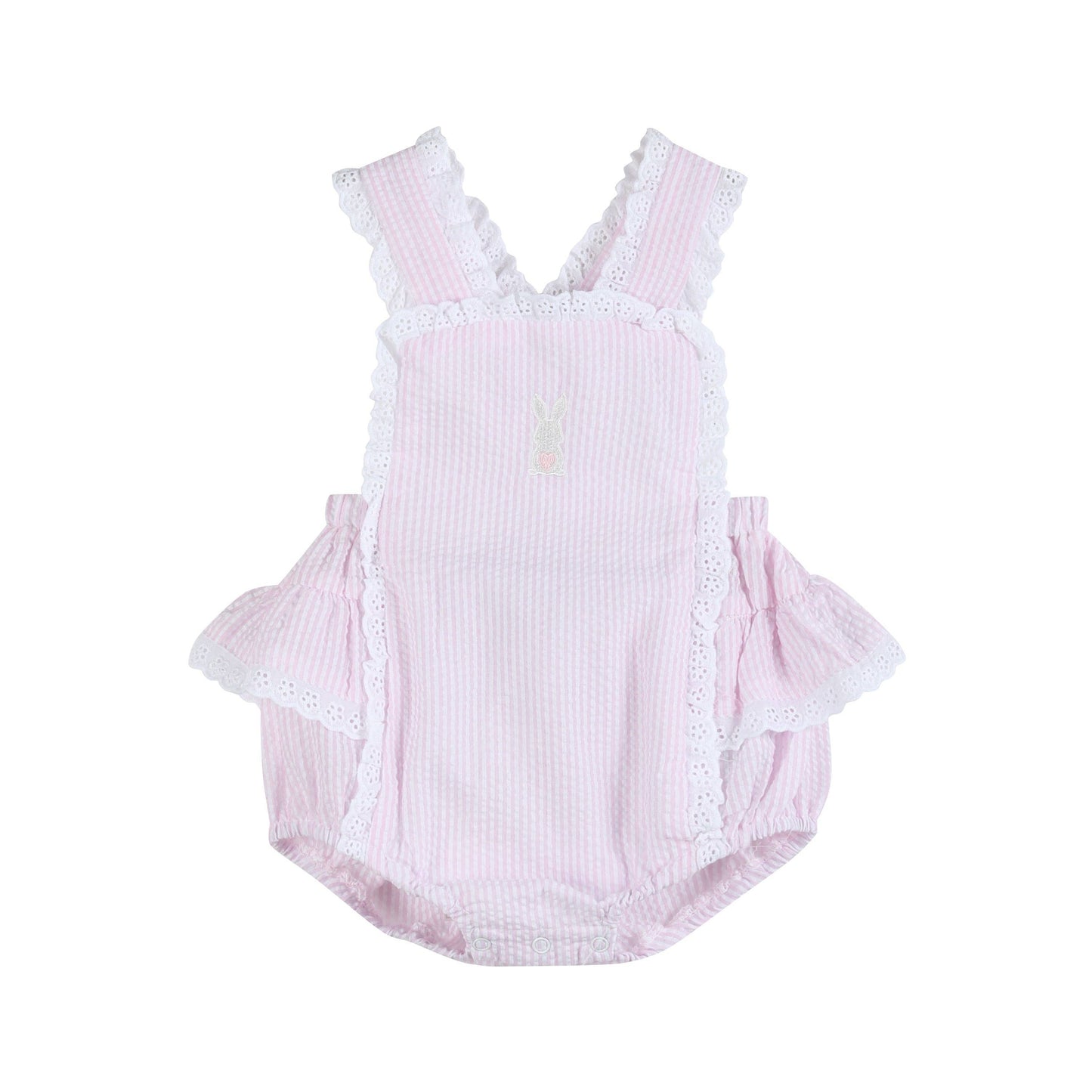 Pink Seersucker Bunny Ruffle Romper